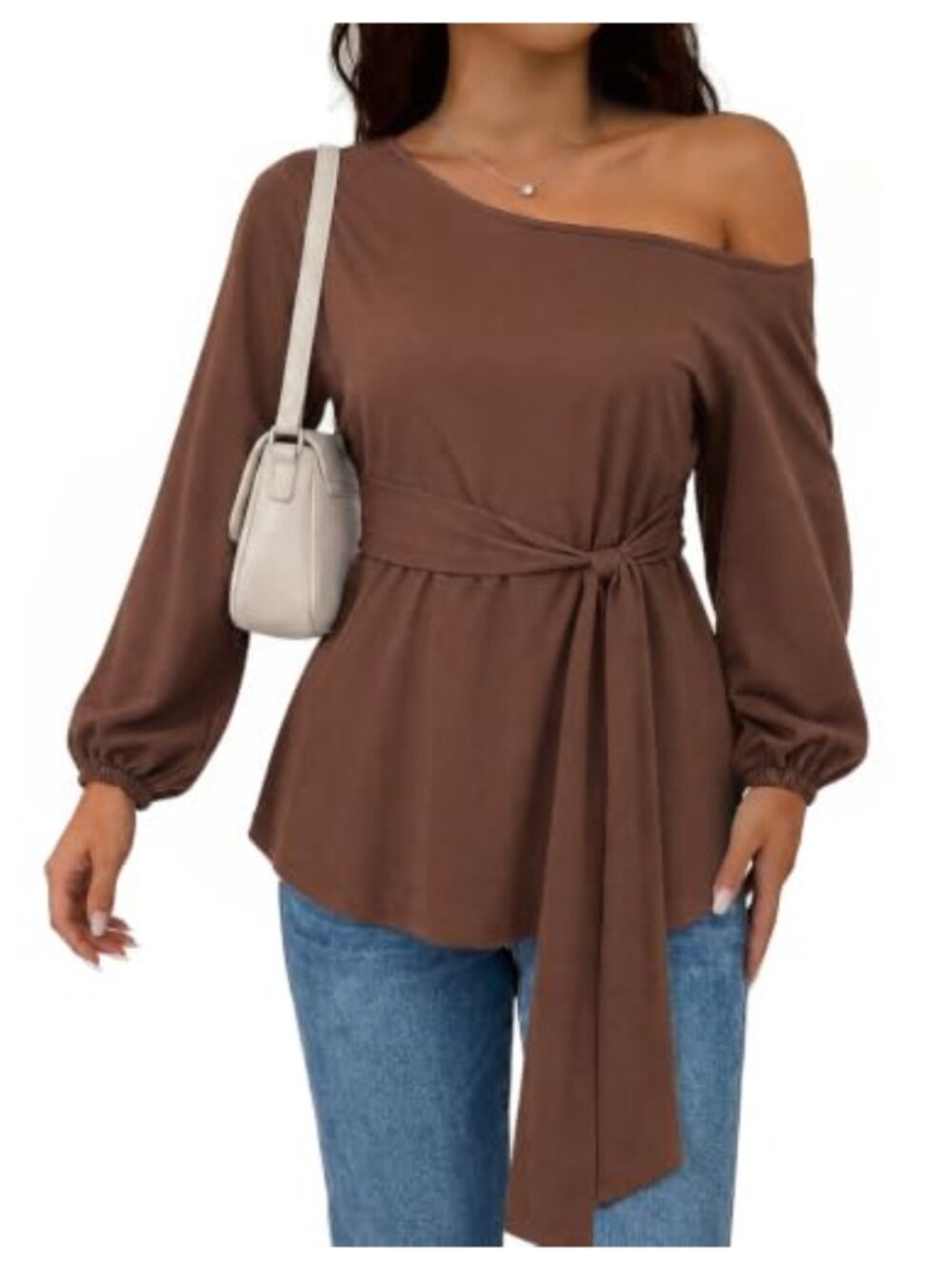 Women's Cotton Elastane Off Shoulder Peplum Top Bishop Sleeve Tie Waist